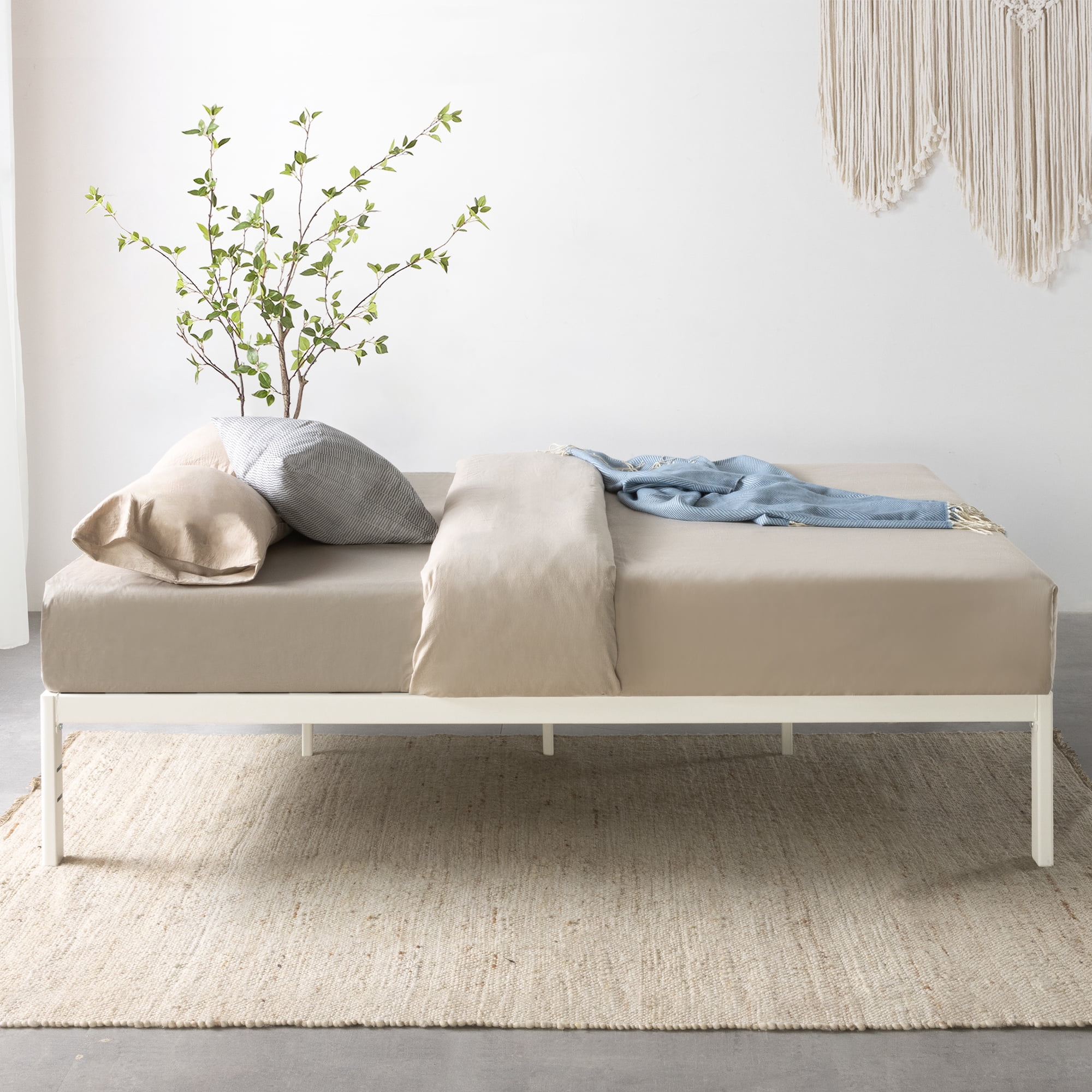 Mellow Rocky Base C Metal Platform Bed with Patented Wide Steel Slats, White, Full