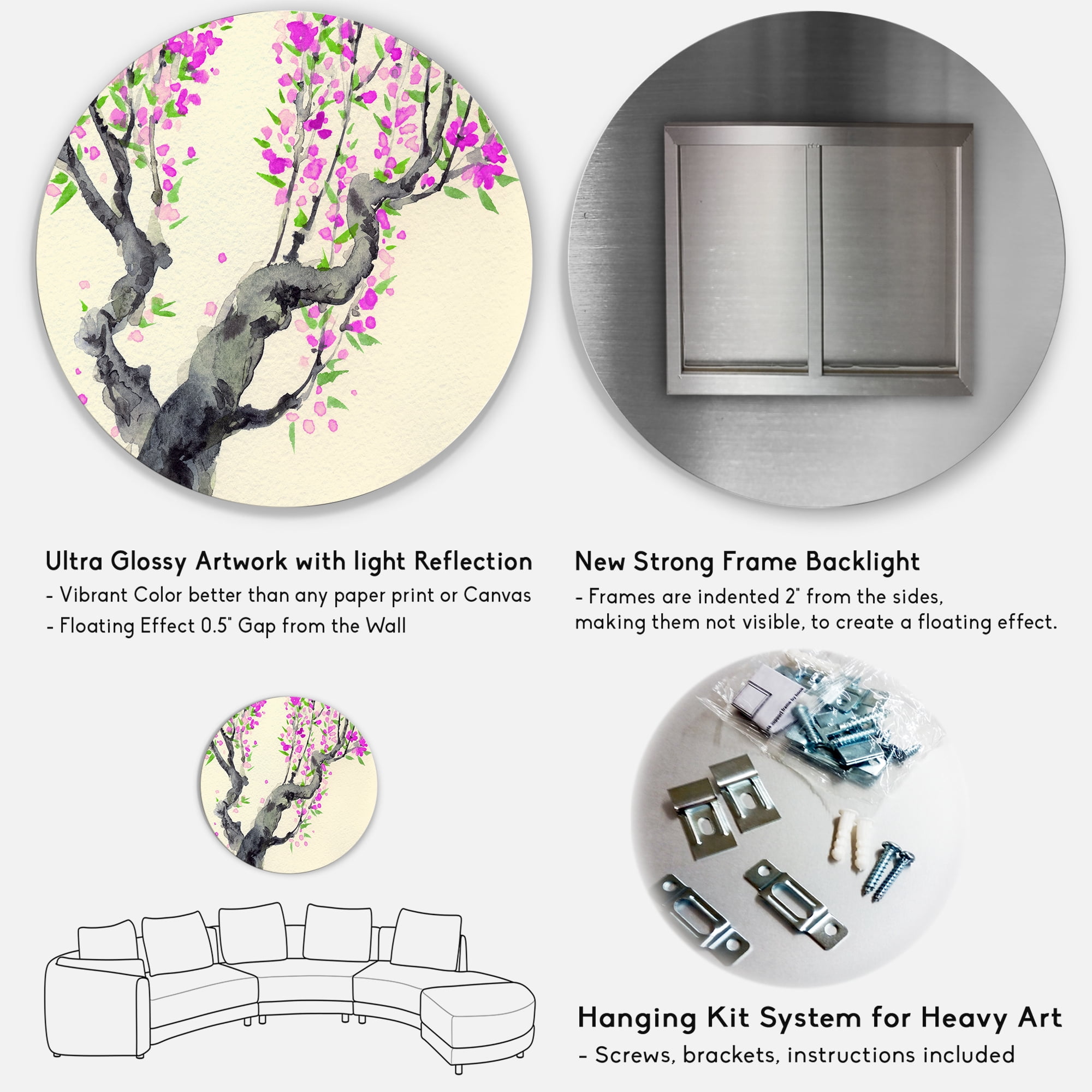 Designart 'The Japanese Tree With Purple Flowers On' Traditional Circle Metal Wall Art 36x36 - Disc of 36