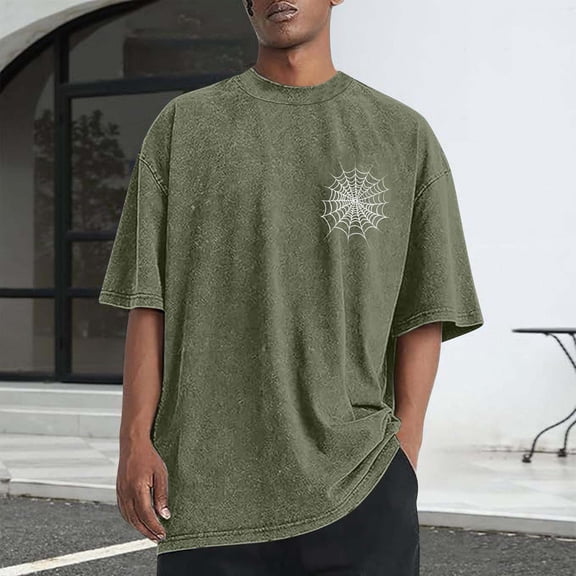 Aobny Graphic Tshirt for Men Cotton Baggy Shirt Big & Tall Short Sleeve High Neck Tshirt,Green,L