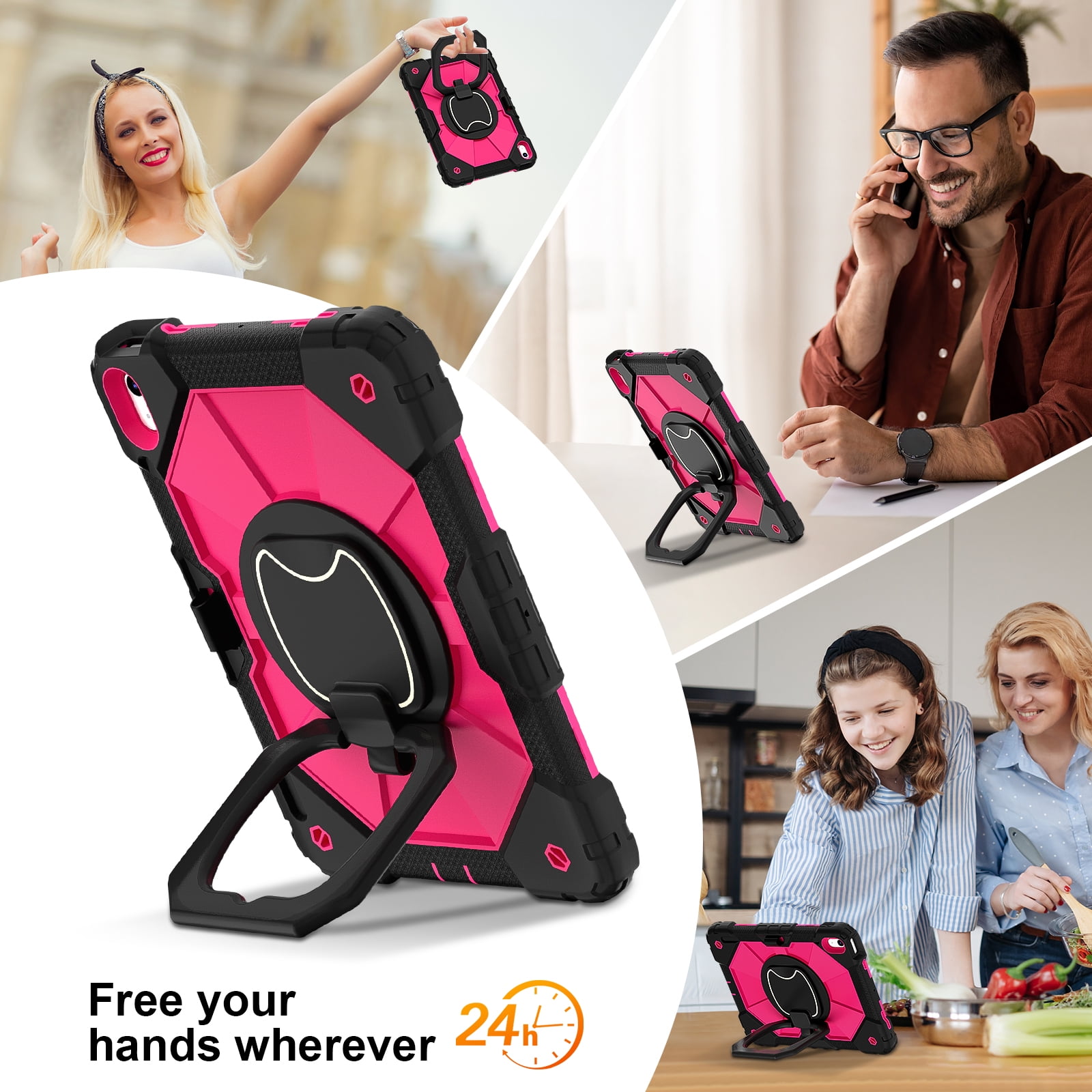 Decase Kids Case for Apple iPad 11th (A16)/10th Gen 2025/2022,Shockproof Rotatable Stand Cover,Detachable Shoulder Strap,Rugged 3-Layer Tablet Shell with Pen Holder,Black+Rose