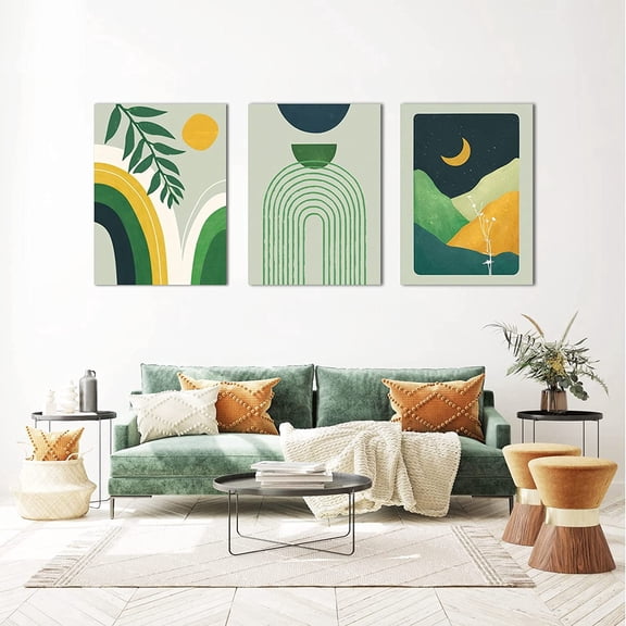 Framed Boho Wall Art Set of 3 Boho Wall Decor Mid Century Modern Wall Art, Neutral Abstract Geometric Canvas Prints Sage Green Boho Artwork 12" X 16" Ready To Hang for Bathroom Bedroom