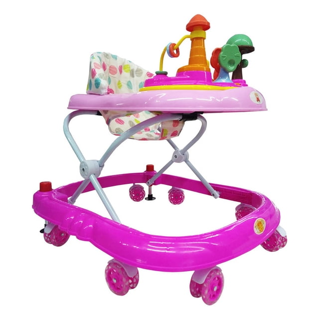 andadera babytek honguito rosa con 8 llantas de gel y freno trasero, vista 3/4 frontal; andadera rosa con base ovalada y asiento acolchado estampado, charola desmontable con tablero musical y juguetes, estructura plegable ajustable a 3 alturas y llantas con frenos independientes; a menudo usada para practicar balance y primeros pasos.