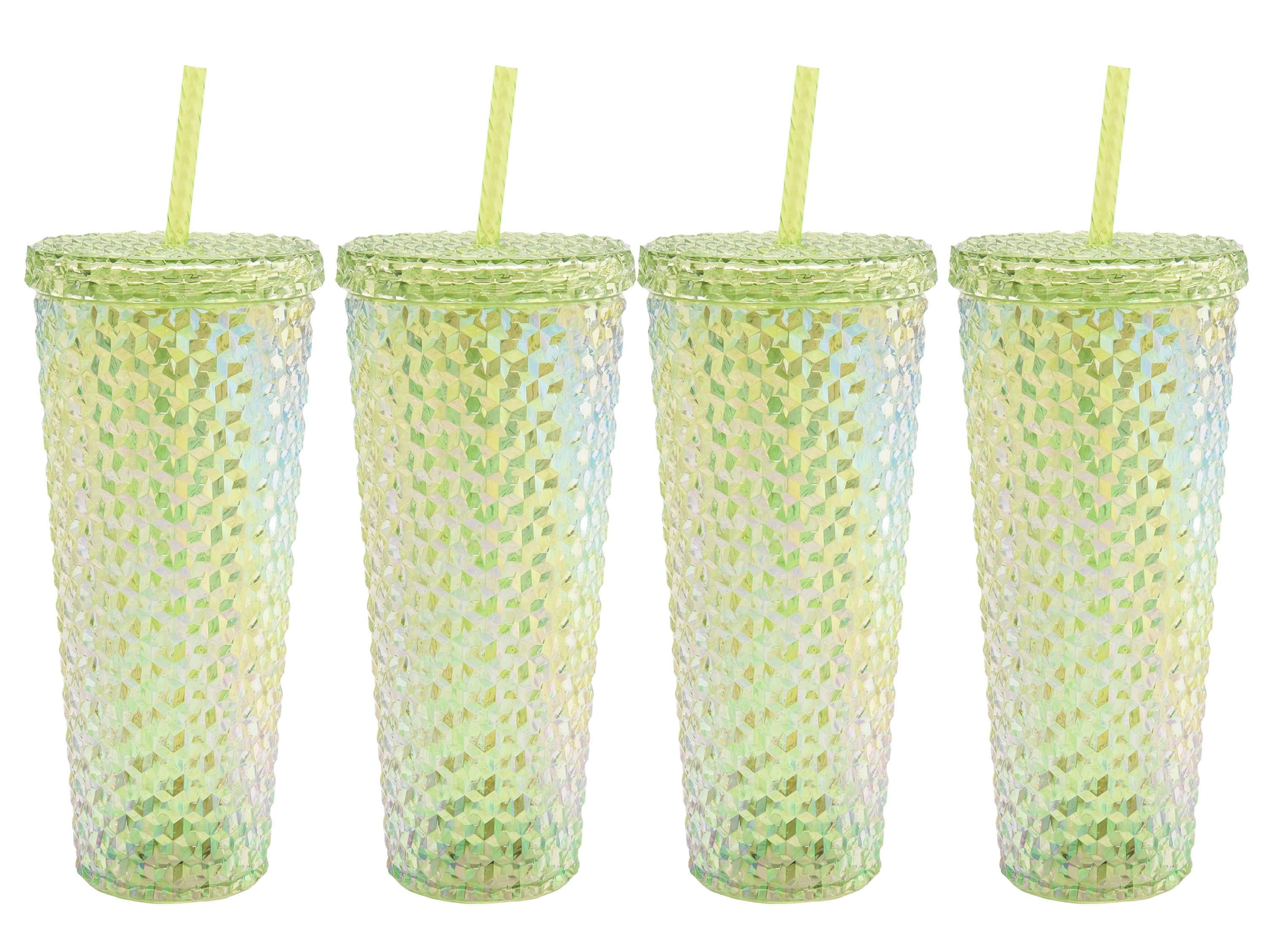 12 Green Plastic Drinking Glasses Lids and Straws Mfg USA Green 12 Ounces 