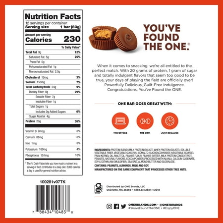 ONE Brands Protein Supplement Bar, Peanut Butter Cup, 20g Protein, 12 Count