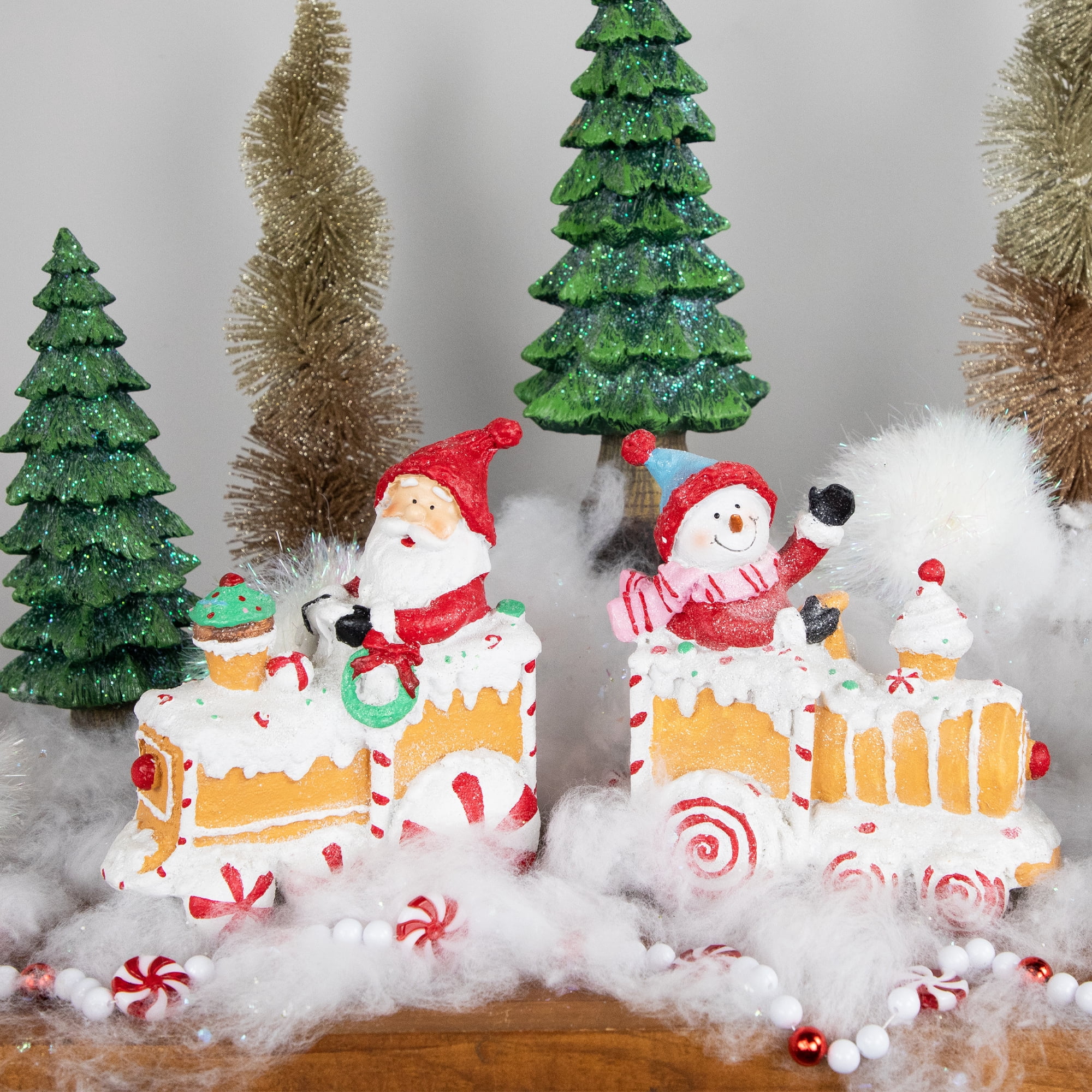 Set of 2 Santa and Snowman on Gingerbread Trains Christmas Figures - 6.75"