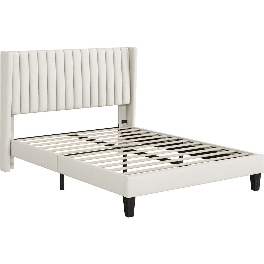 Renwick Upholstered Platform Full Bed Frame with Channel Headboard for Adult, Ivory