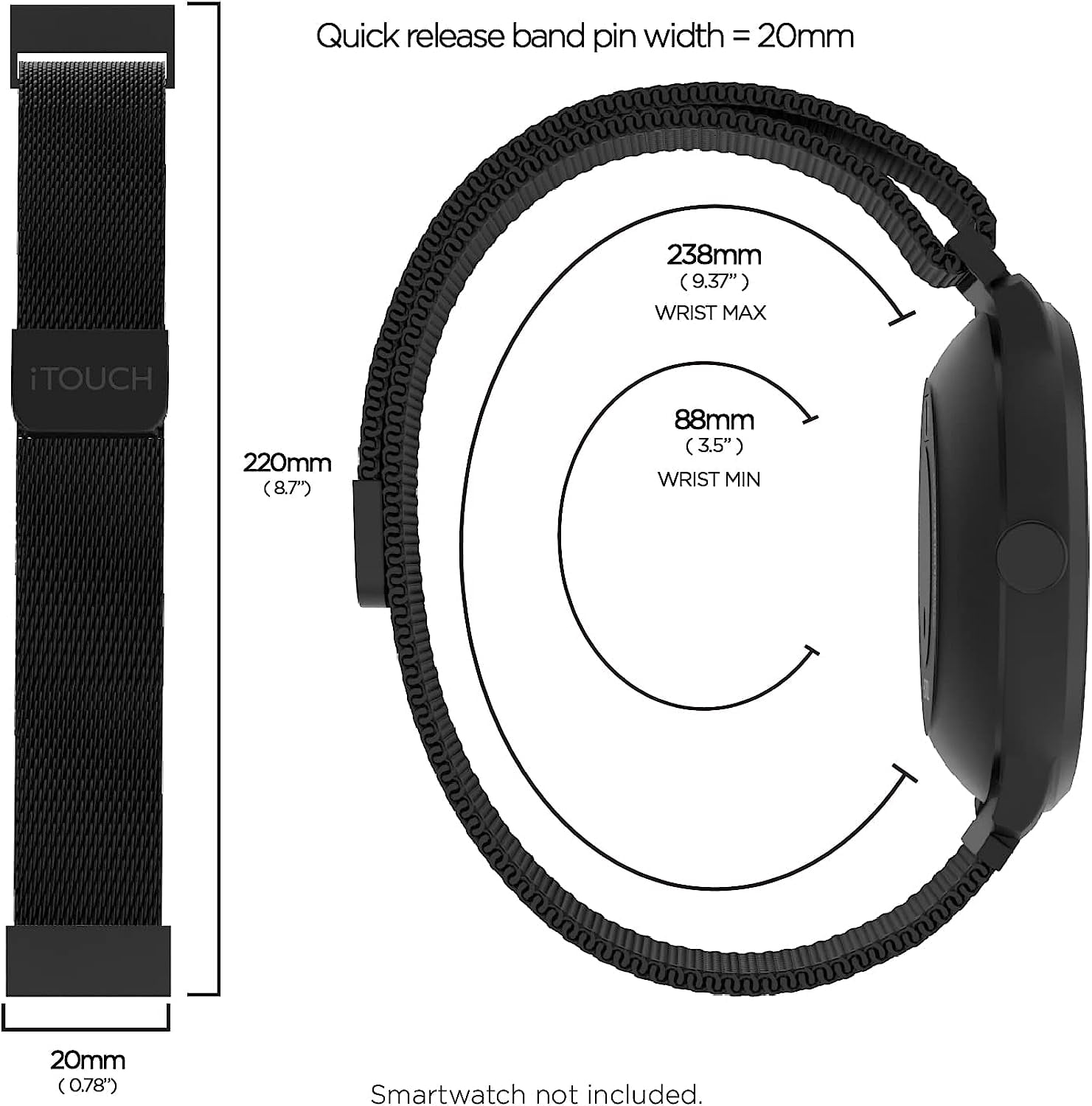 iTouch Air 3 40mm/Sport 3 Unisex Extra Interchangeable Metal Strap: Black Mesh