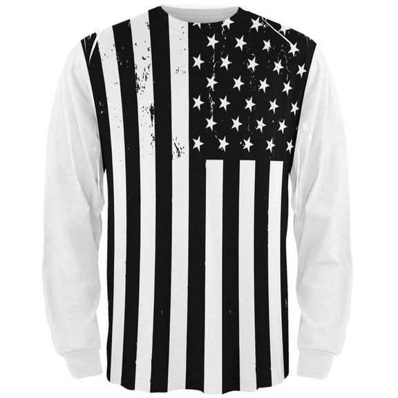 Black And White American Flag Distressed All Over Adult Long Sleeve T-Shirt - Small