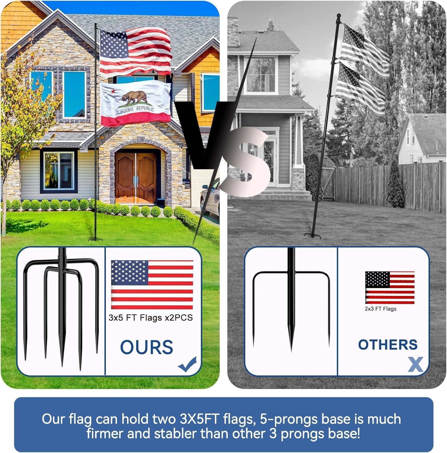 FIASON 1 Pack 12 FT Black Stainless Steel Flag Pole, Heavy Duty Tangle-Free Flagpole with 5-Prong Base, In-Ground Outdoor Yard Commercial Garden Flag Holder Kit, No Flag Included