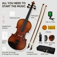 thumbnail image 5 of PHOENIX Violín 4/4 de tamaño completo, violín de madera maciza para principiantes profesionales, adultos y niños con arco octogonal de madera de hierro y arco de palisandro, cuerdas y puente adicional, 5 of 5