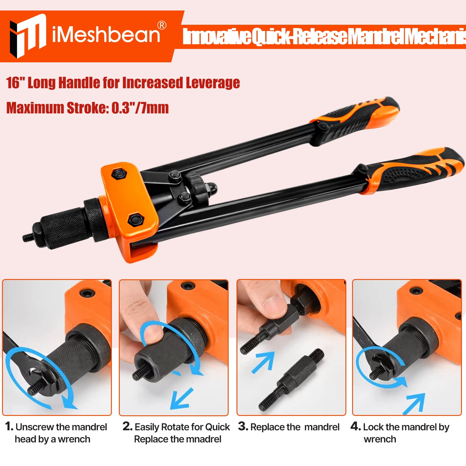 iMeshbean Rivet Nut Tool, 16" Rivnut Tool Kit with 11 PCS Mandrels (Metric M3, M4, M5, 2XM6, M8, M10; SAE 10-24, 1/4-20, 3/8-16, 5/16-18) & 110PCS Rivet Nuts, Hand Riveters Nutsert Tool Kit