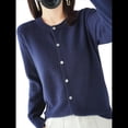 thumbnail image 2 of Suéter de Larga con Cuello Redondo de Color Liso para Mujer, Chaqueta de Punto Combinable para y Otoño Azul Marino M, 2 of 8