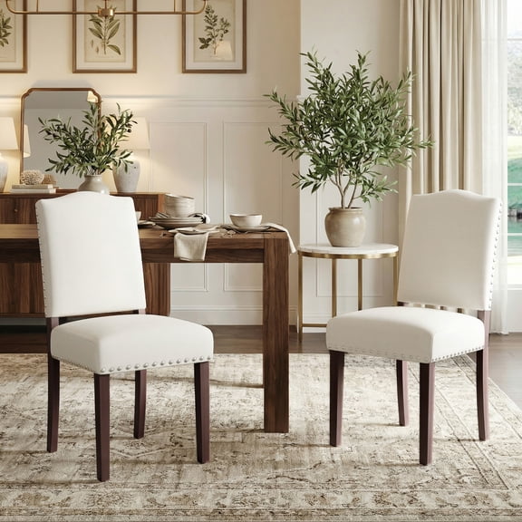 EOP Mid-Century Modern Upholstered Dining Chairs Set of 2, Farmhouse Fabric Kitchen & Dining Room Chairs with Extra Padded Seat, Ideal for Living Room, Restaurant, Beige