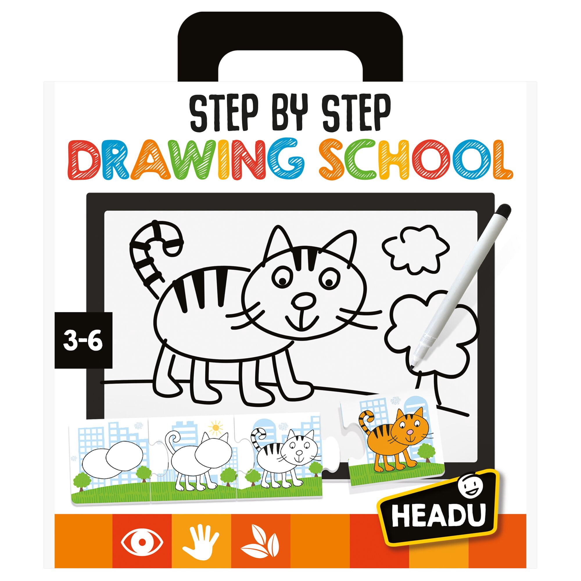 Headu Step By Step Drawing School - Puzzle & Animal Drawing Kit, Doodle Erase Board, 10 Progressive Puzzles, Sketch & Play Activity, Art Toy, Kids 3-6