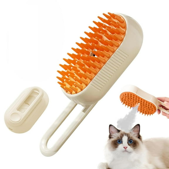 3-in-1 USB Rechargeable Cat & Dog Grooming Brush – Steam Spray for Shedding Control, Hair Removal & Massage, Gentle on Long/Short Hair – Portable & Cordless (White/Khaki)
