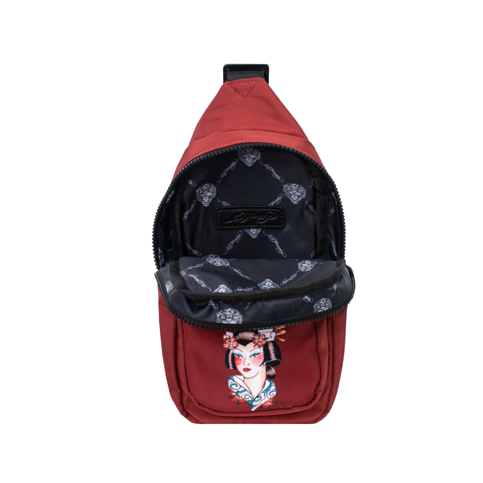 Ed Hardy Unisex Nylon Geisha on Burgundy Sling Messenger Bag with Adjustable Strap