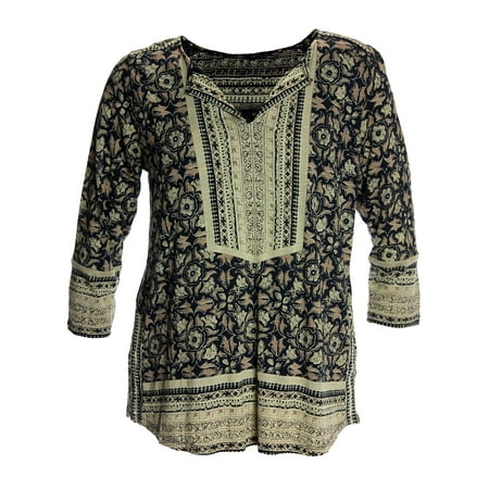 Lucky Brand Women's Plus 3/4 Sleeve Print Top 1x Black Multi