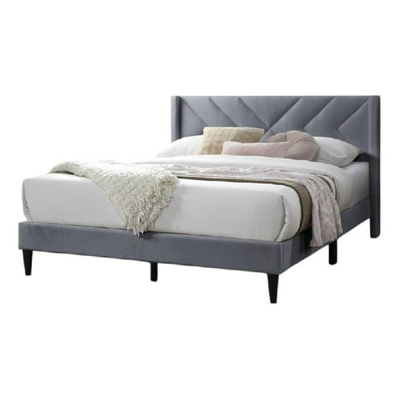 Reno Queen Size Bed- Modern X Channel Tufted Gray Velvet Upholstery