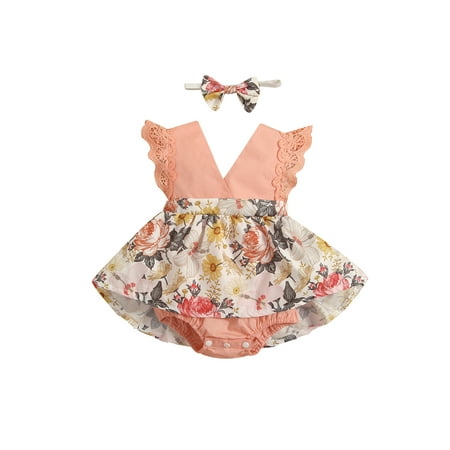 

Infant Baby Girls Summer Outfit Sets Lace Sleeve V Neck Floral Patchwork Tutu Romper With Headband