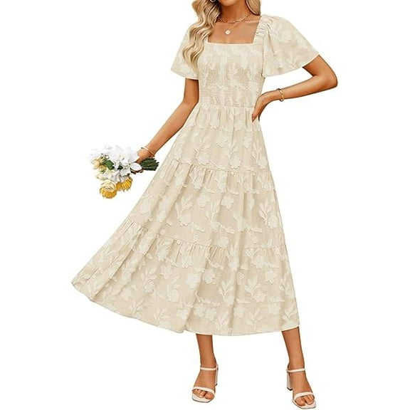 Women‘s Summer Boho Floral Midi Dress 2025 Casual Short Sleeve Square Neck Flowy Beach Vacation Long Dress