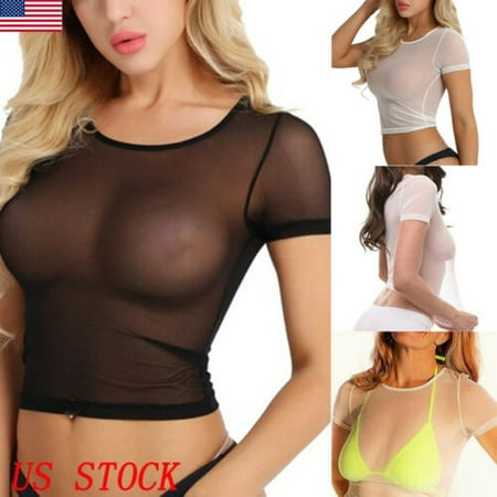 Women's Ladies Short Sleeve Crop Top Fishnet Mesh See Through T-Shirt Blouse