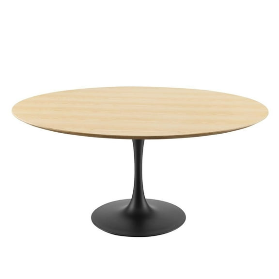 60 Inch Dining Table, Black Natural, Wood, Metal Steel, Round, Mid Century Kitchen Cafe Bistro Hospitality Restaurant, Modern Contemporary HB33518