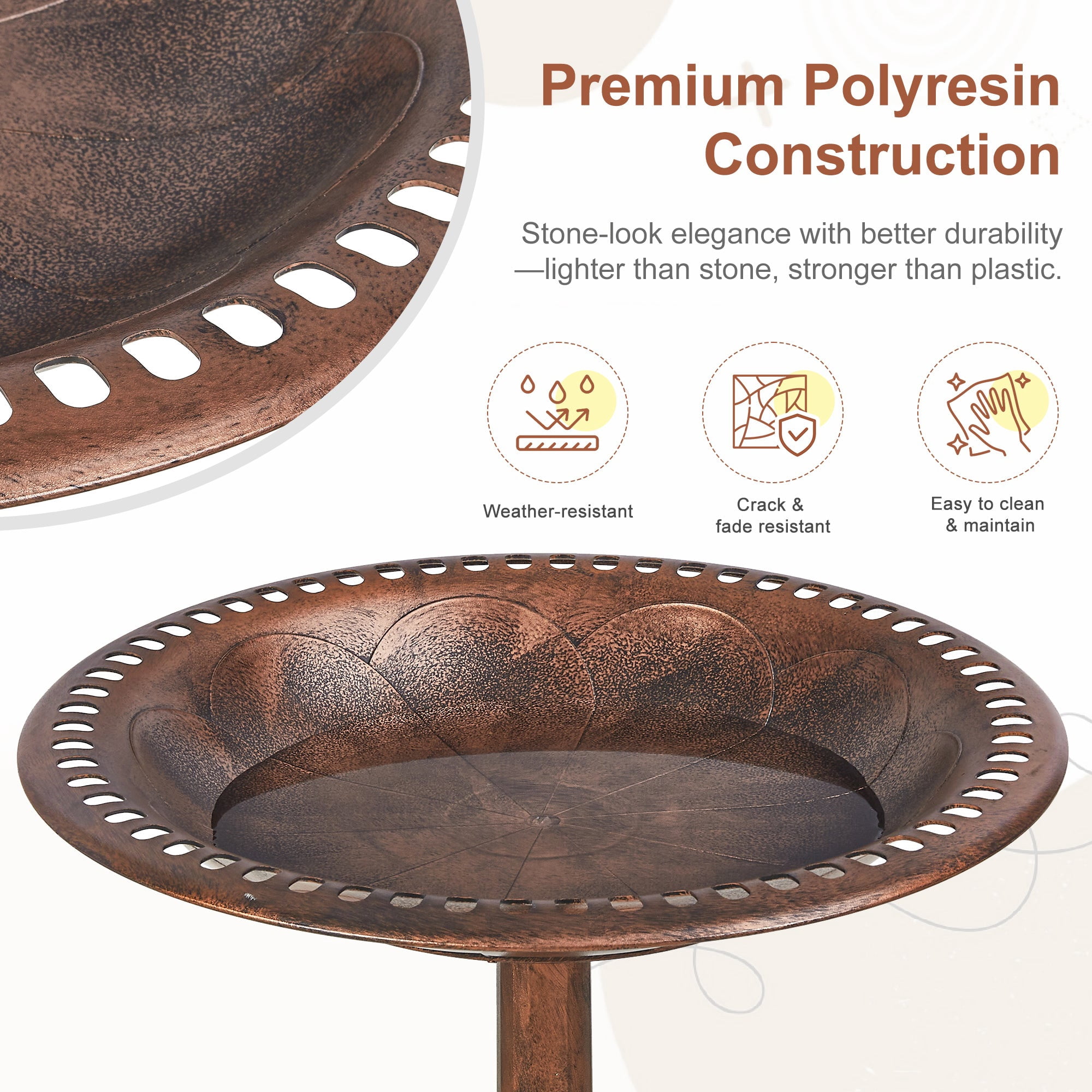 VECELO 28" Height Pedestal Birdbath Outdoor Garden Decor, Vintage Yard Art Bird Baths, Brown