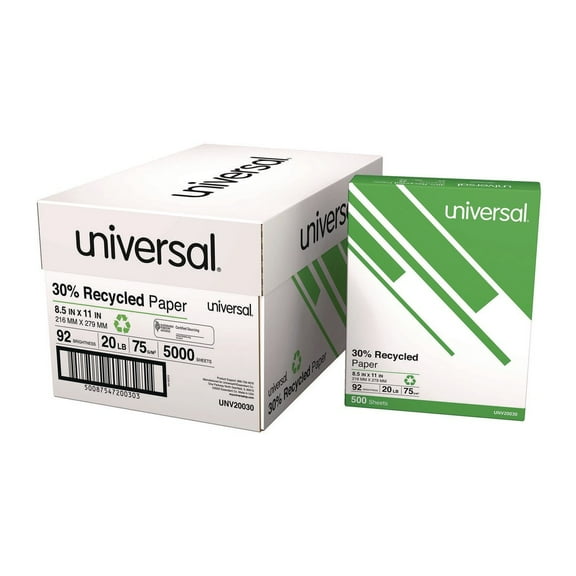 Universal UNV20030 20 lbs. Bond Weight 92 Bright 8.5 in. x 11 in. 30% Recycled Copy Paper - White (500 Sheets/Ream, 10 Reams/Carton)
