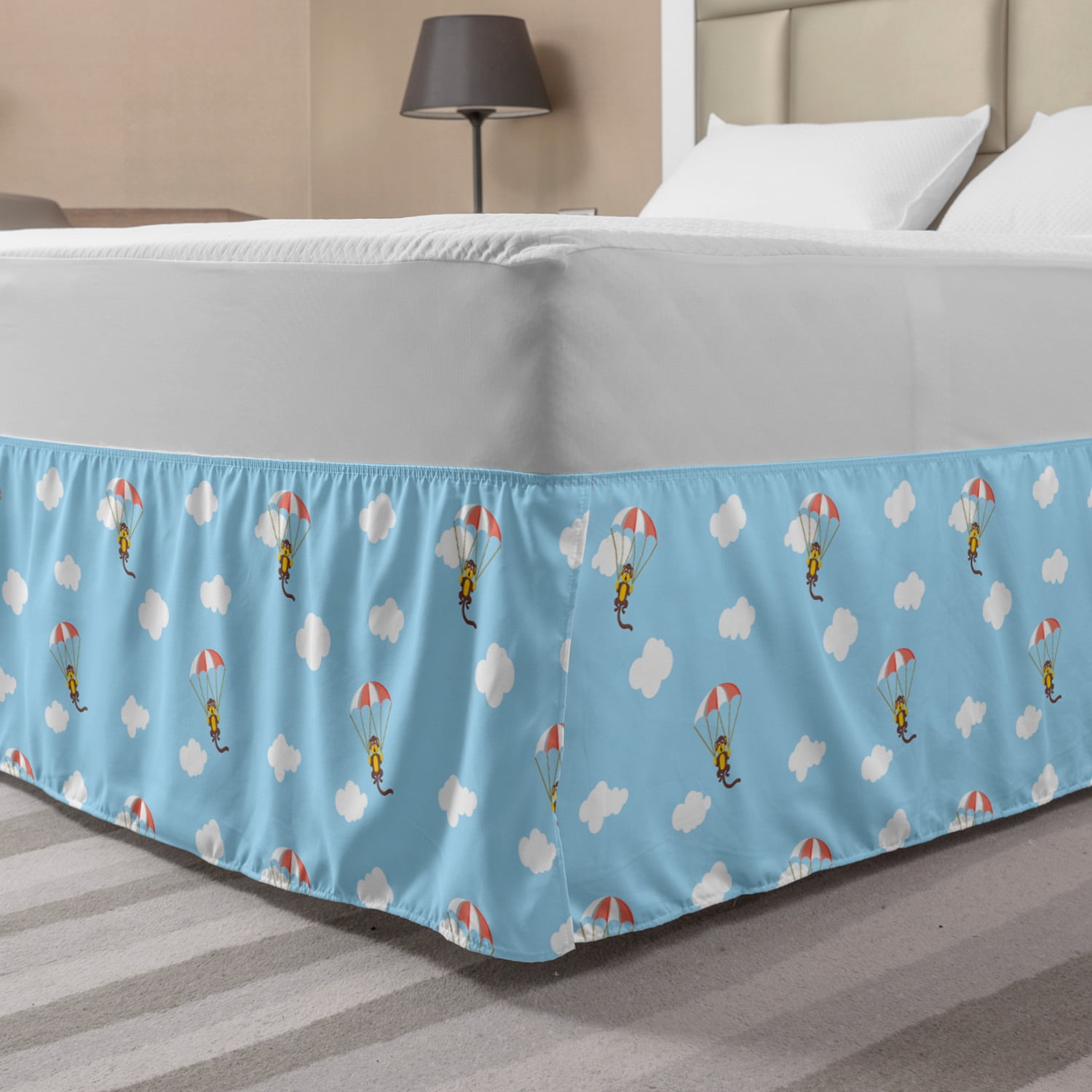 Nursery Bed Skirt, Funny Monkeys and Parachutes on Cloudy Sky Adrenaline Sports Cartoon, Elastic