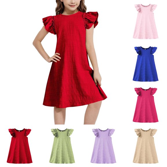 Summer Dress for Girls Ruffle Sleeve A Line Dresses Girls Red Dress Girls' Casual Dresses, Szie 4-15 Years