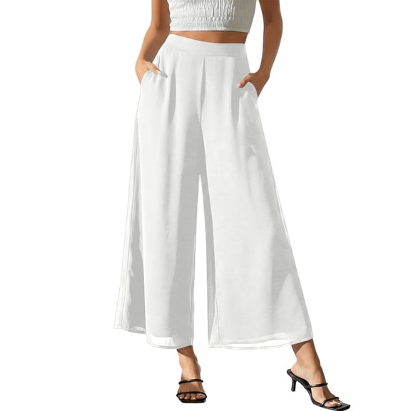 Khunlpohl Womens Capris Pants Chiffon Elastic Waist Wide Leg Capri Trousers Business Work Office Dressy Pant