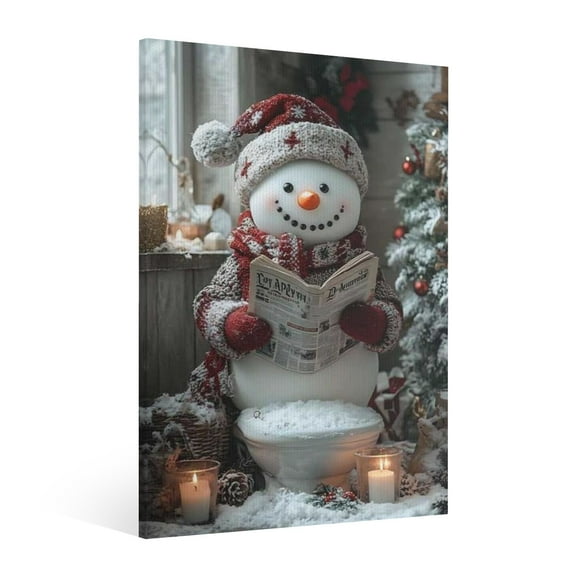Vintage Christmas Cute Snowman Wall Art Paint Framed - Retro Xmas Festive Winter Holiday Christmas Wall Decor Canvas Print for Living Room Kitchen Bathroom Home Bedroom Decor