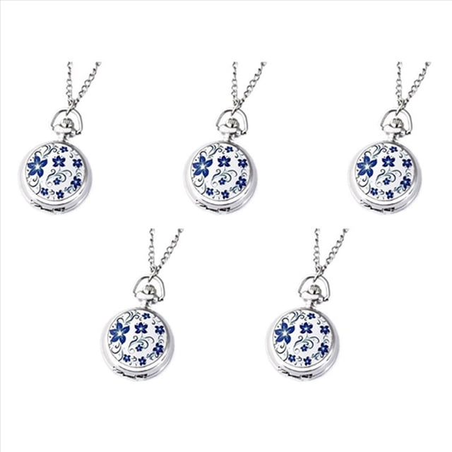 5X Reloj de Bolsillo Flor Azul Plata Pequeño de Cuarzo Retro Clásico Modelos de Pareja