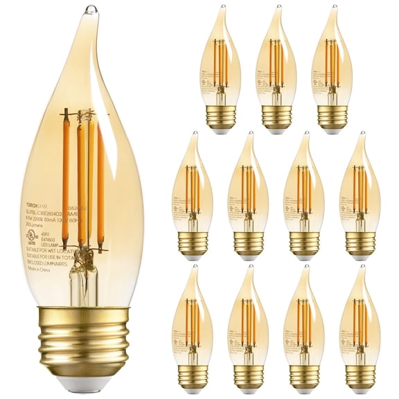 12 Pack Dimmable C35 LED Bulbs, UL Listed Vintage Edison Bulb, LED Chandelier Light Bulbs, 4.5W, E26 Base, 2200K Amber Warm