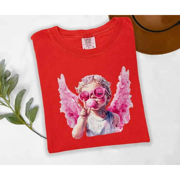 Moonlight Apparel Trendy Angel Graphic T-Shirt for Women Bubblegum Cherub with Pink Wings & Sunglasses Cute Peace Sign Aesthetic Tee Soft Heather Cotton Top