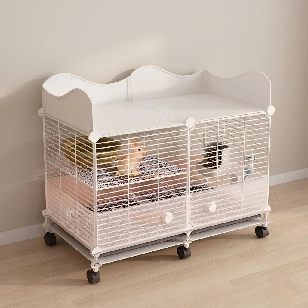 Aqwiopr Indoor Small Animal Cage with Storage Top & Wheels - Rolling Metal Habitat for Rabbits, Guinea Pigs, & Ferrets - Leak-Proof Trays & Ramp