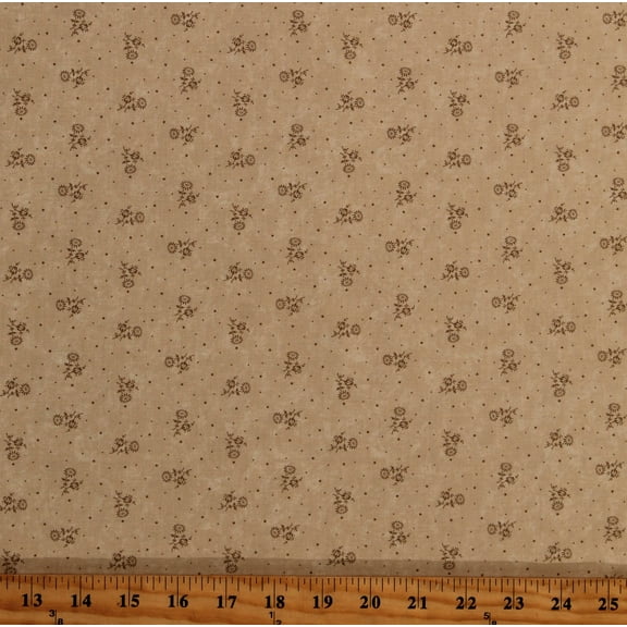 Cotton Kansas Troubles Blackbirds Nest Dots Patterned Flowers Floral Tan Cotton Fabric Print by the Yard (9751-21)