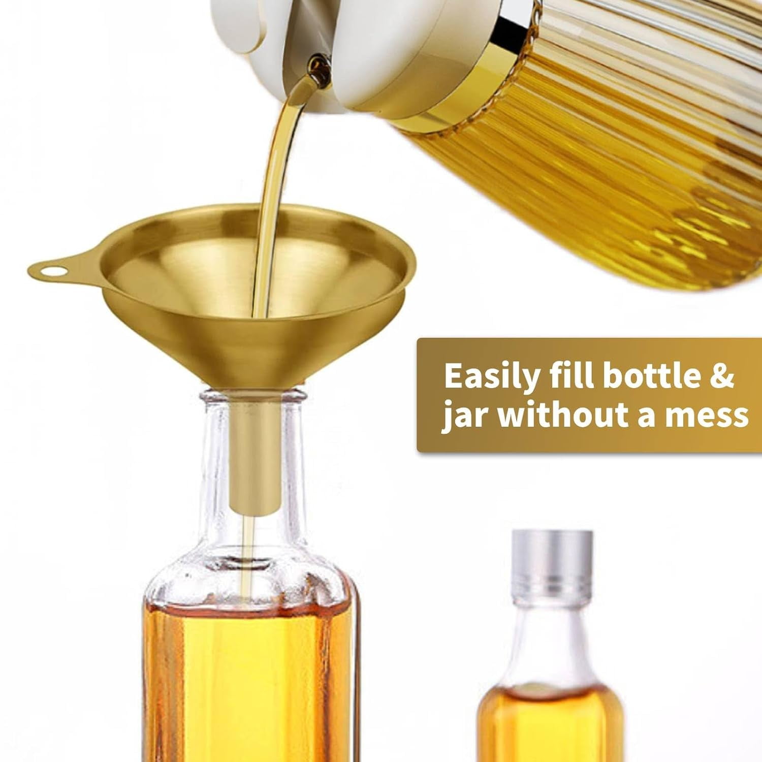 3-Piece Gold Stainless Steel Funnel Set - Narrow Stem, Curved Body & Side Handle For Easy Pouring