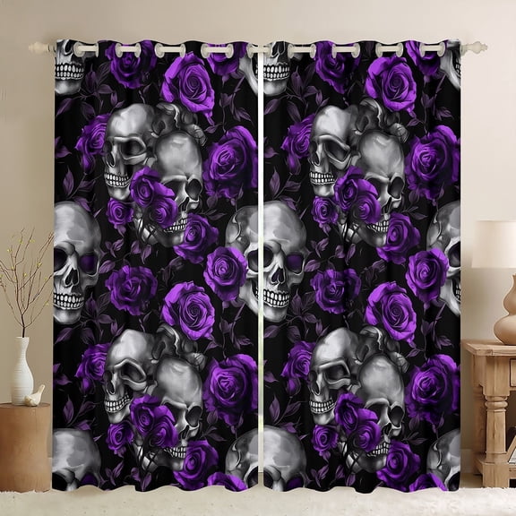 Feelyou Skeleton Skull Black Out Curtains, Romantic Gothic Halloween Curtains Pack of 2 (42x63 Each), Dreamy Purple Rose Bedroom Curtains, Window Curtains Room Decor