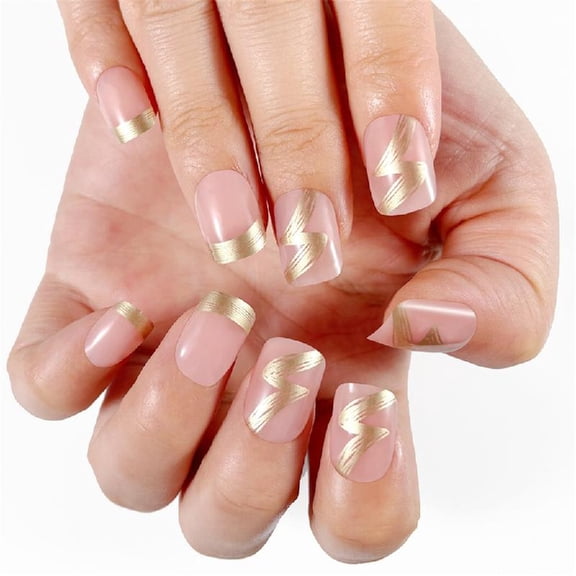 JZROCKER Short Square Stick on Nails Full Covers Press On Nails with Glossy Gold French Tips Artificial Nails for Stylish Look