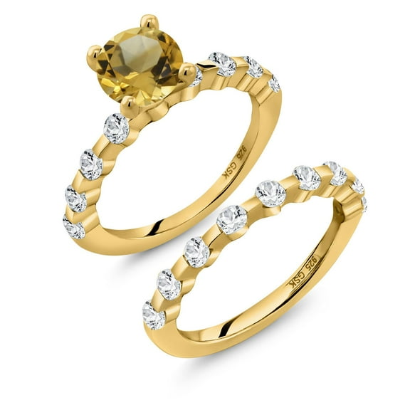 Gem Stone King 18K Yellow Gold Plated Silver Yellow Citrine and White Topaz Wedding Engagement Ring Band Bridal Set for Women (2.66 Cttw, Gemstone November Birthstone, Round 7MM, Size 8)