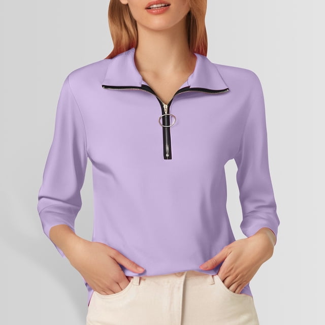 MHFRRA Camiseta de Manga Larga de Color Liso con Media Cremallera, Moderna e Informal, para Mujer Púrpura