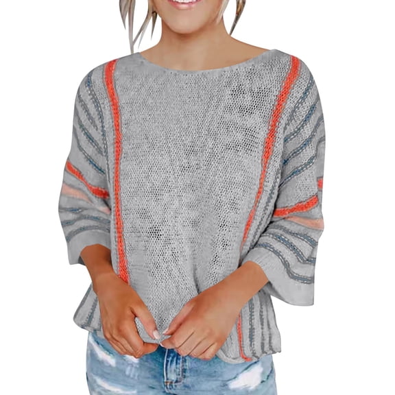 Htigea Womens Crewneck 3/4 Sleeve Sweaters Knitted Striped Pullover Tops Lightweight Soft Comfy Short Sweater Gray S