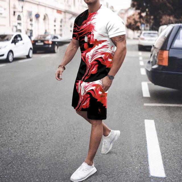 Men's Suit Category - All-Over Print Short Sleeve Tee and Quarter Pants Two-Piece Set for Men