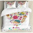 thumbnail image 1 of Hello Queen Size Duvet Cover Set, Doodle Style Hello Spring Quote Printed with Heart Shaped Frame of Animals Flowers, Decorative 3 Piece Bedding Set with 2 Pillow Shams, Multicolor, by Ambesonne, 1 of 3