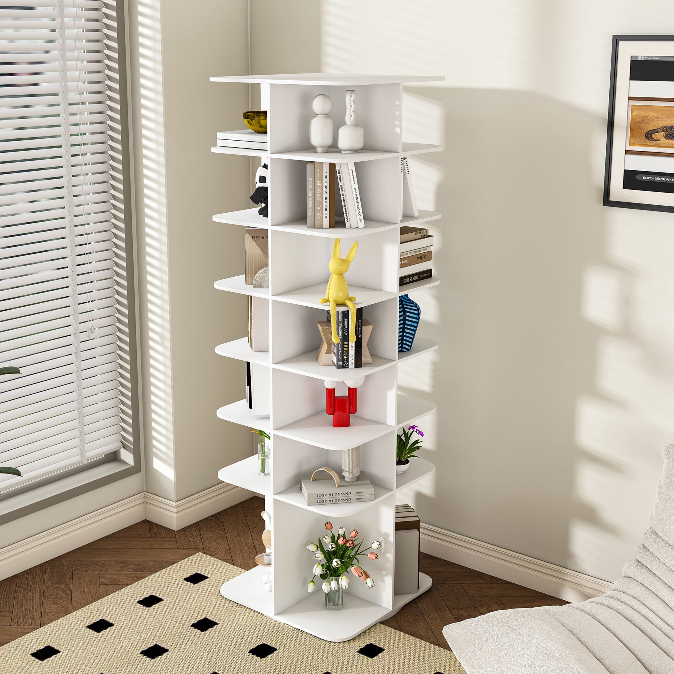 Noble House 7-Tier Square Rotating Shoe Rack Tower, 360° Freestanding Shoe Organizer, White