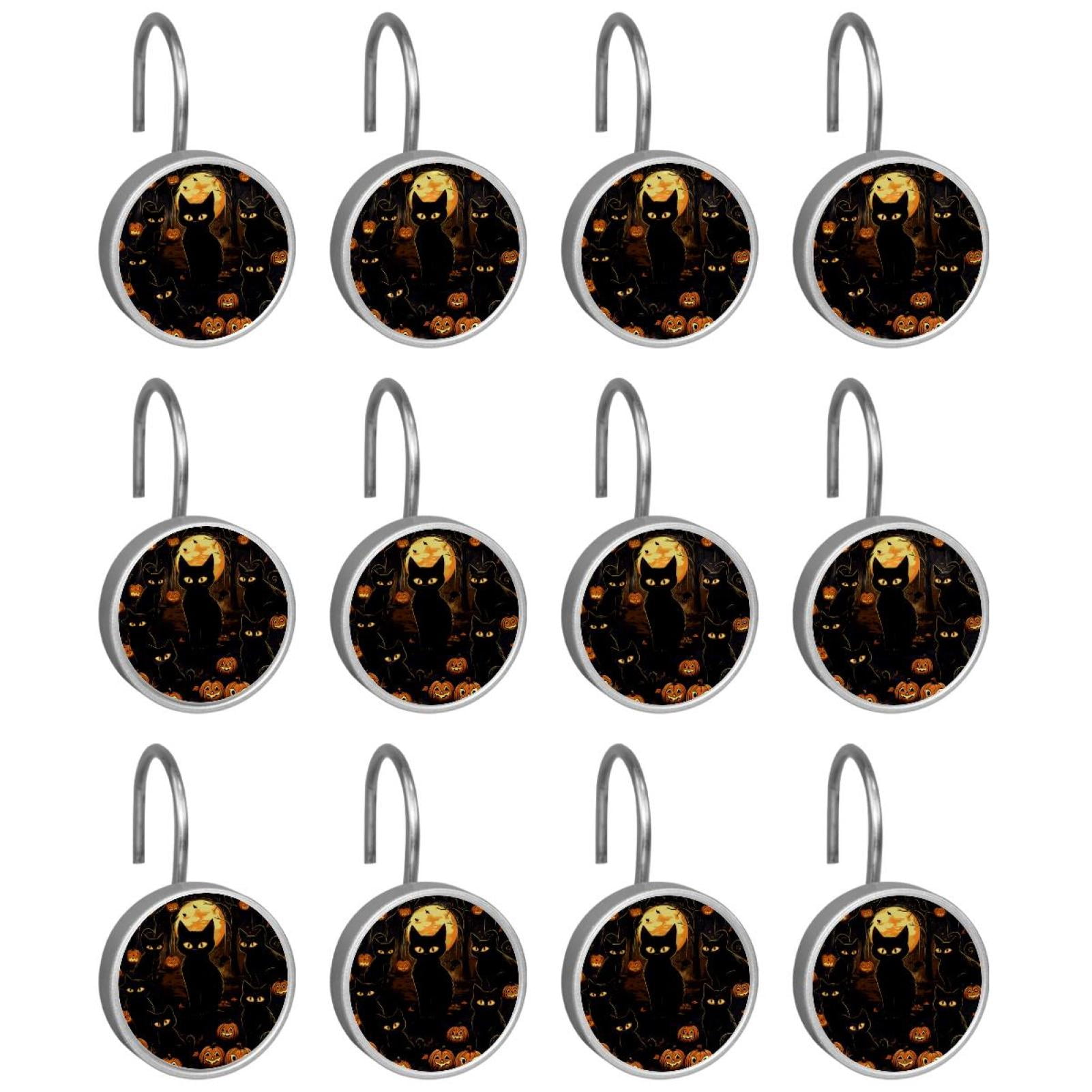 12pcs Decorative Shower Curtain Hooks, Rust Resistant Shower Rings for Bathroom Living Room,Rustproof Stainless Steel Rings for Shower Curtain and Liner Rods,Halloween Cat P
