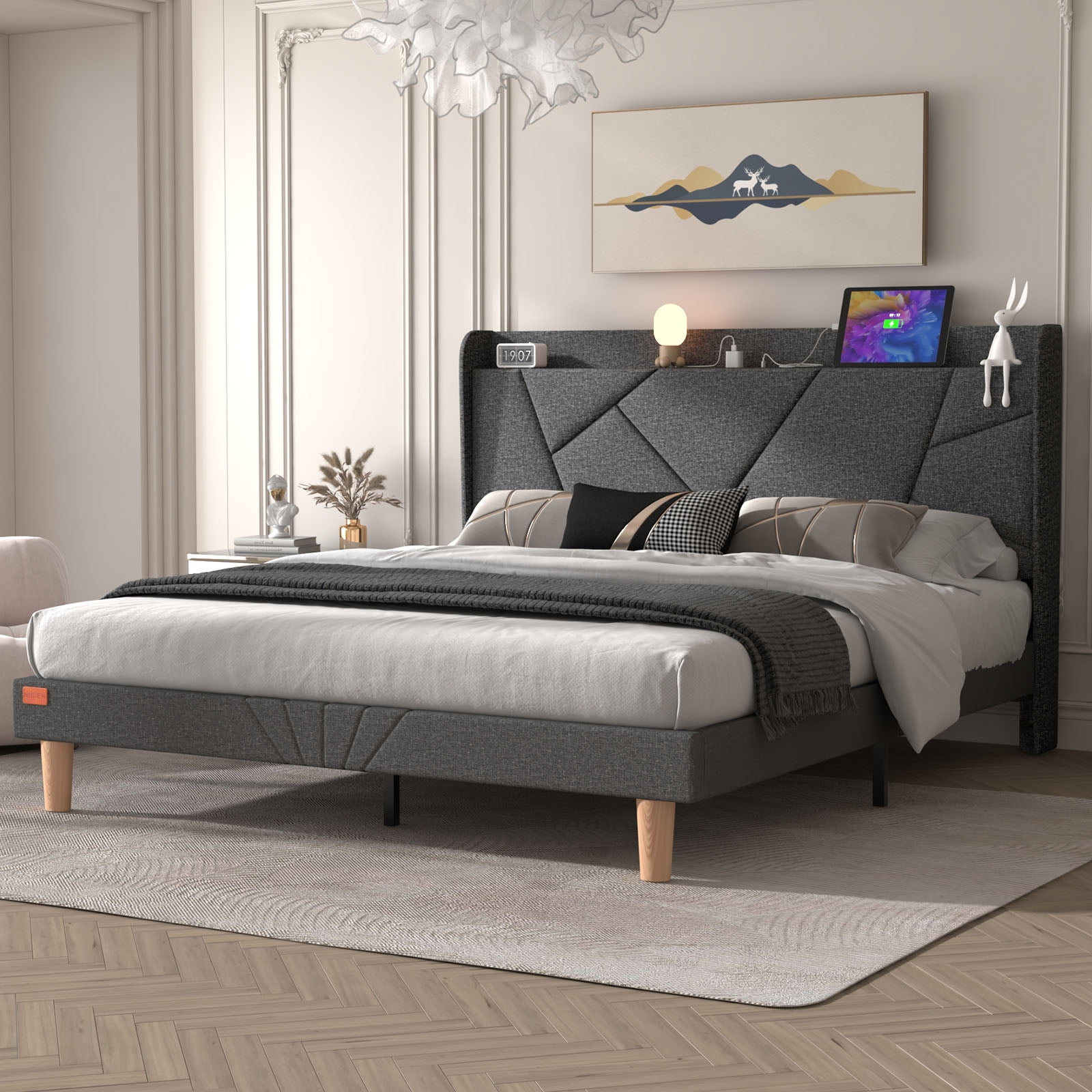 NISIEN Queen Bed Frame with Charging Station, Upholstered Platform Bed with Wingback Storage Headboard, Dark Gray
