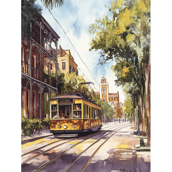 New Orleans Streetcar Watercolor Painting/Canvas Art, Suitable for Living Room, Bedroom, Dining Room, Office, and Hotel Decoration.