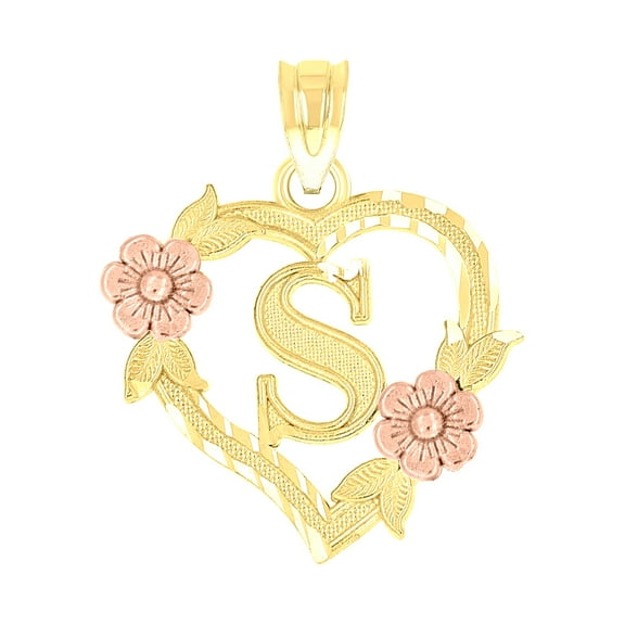 10kt Two-Tone Gold Womens Heart Flower Initial Letter S Charm Pendant